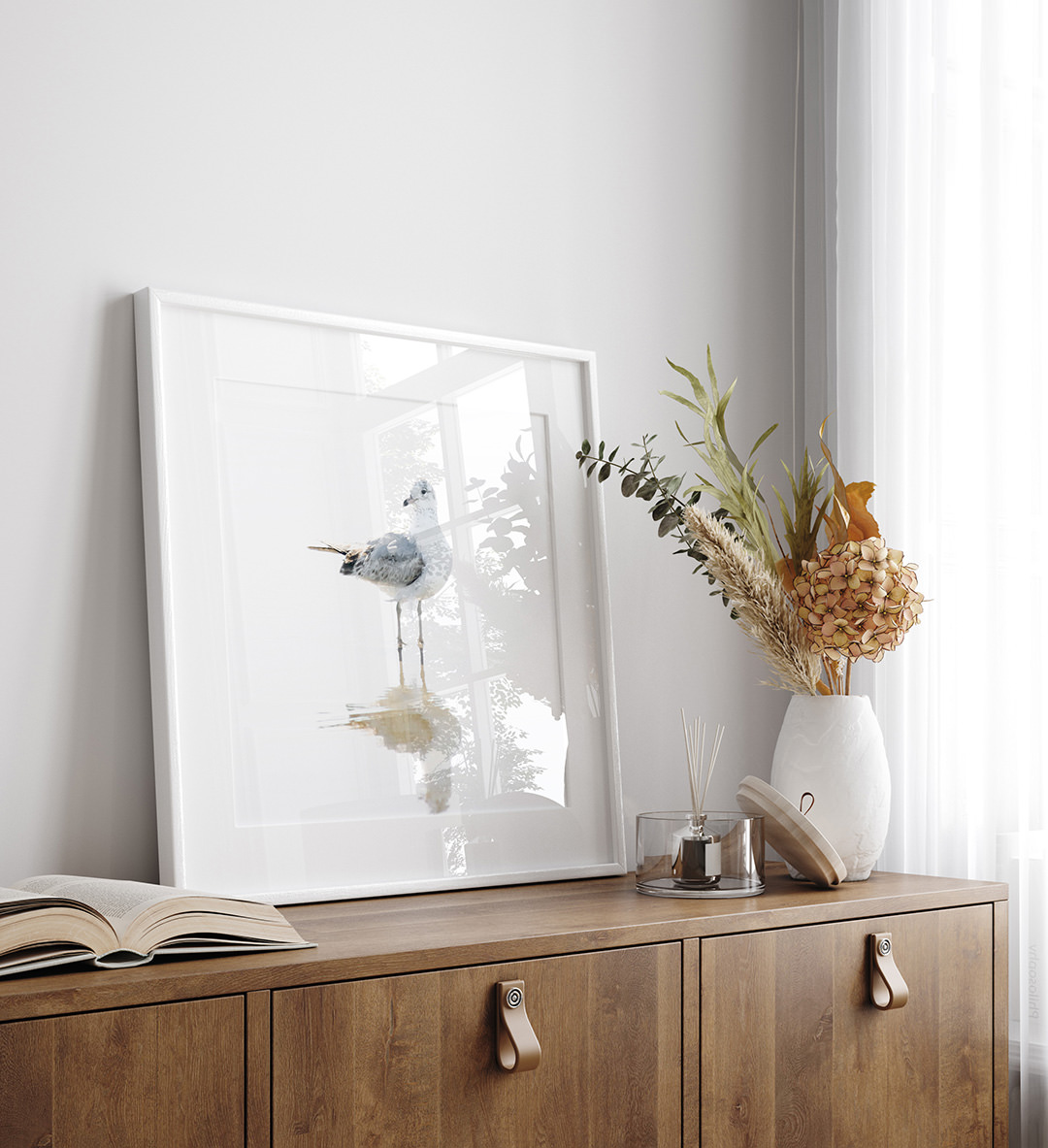 Seagull No 14 - Fine art print by Cattie Coyle Photography on dresser. © 2017, all rights reserved.