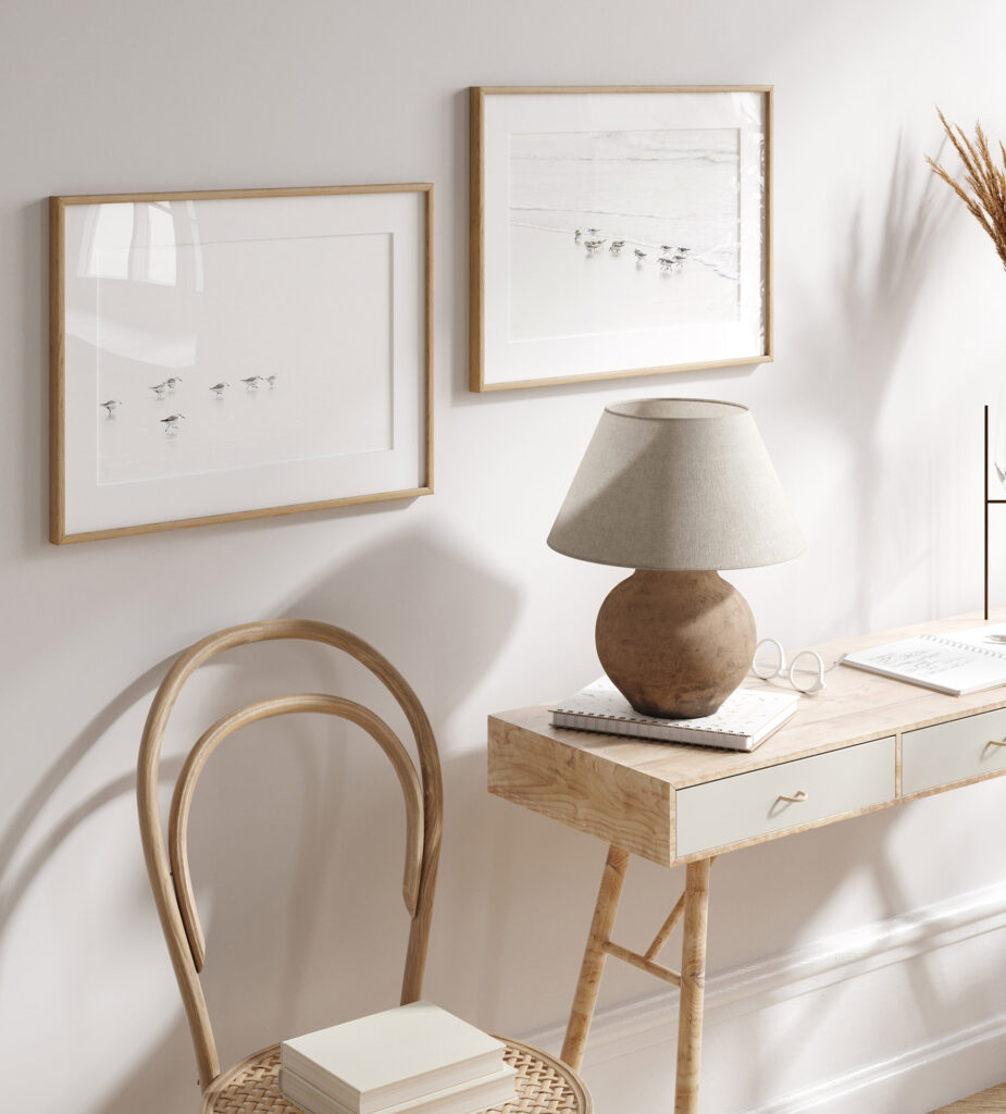 Sandpipers art prints by Cattie Coyle Photography in home office. © 2017, all rights reserved.