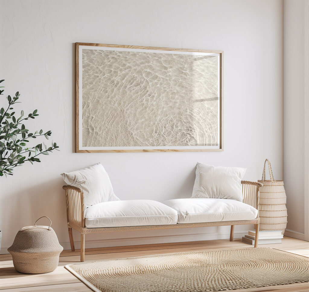 Shallow Water No 12 - Fine art print by Cattie Coyle Photography above couch. © 2018, all rights reserved.