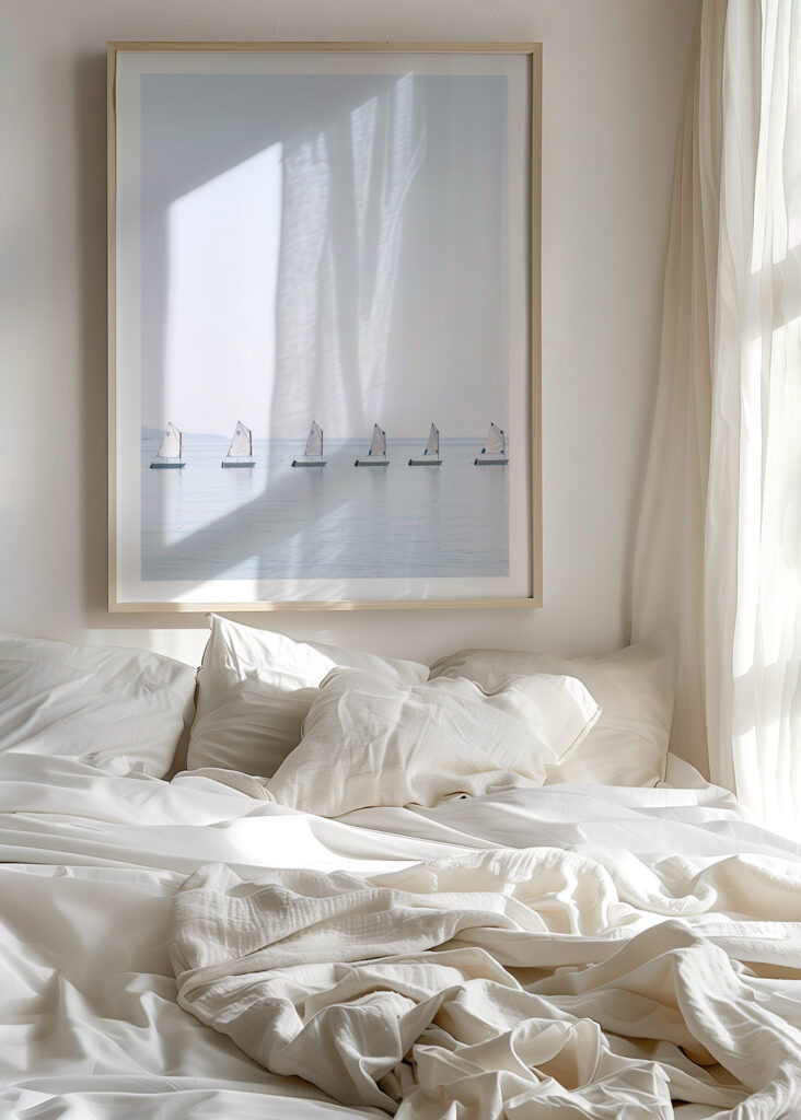 The Little Sailboats No 2 - Fine art print by Cattie Coyle Photography in bedroom. © 2019, all rights reserved.