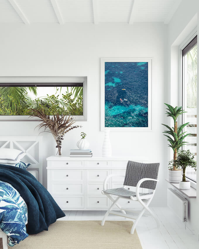 Côte d'Azur No 2 - Ocean art print by Cattie Coyle Photography in bedroom. © 2019, all rights reserved.