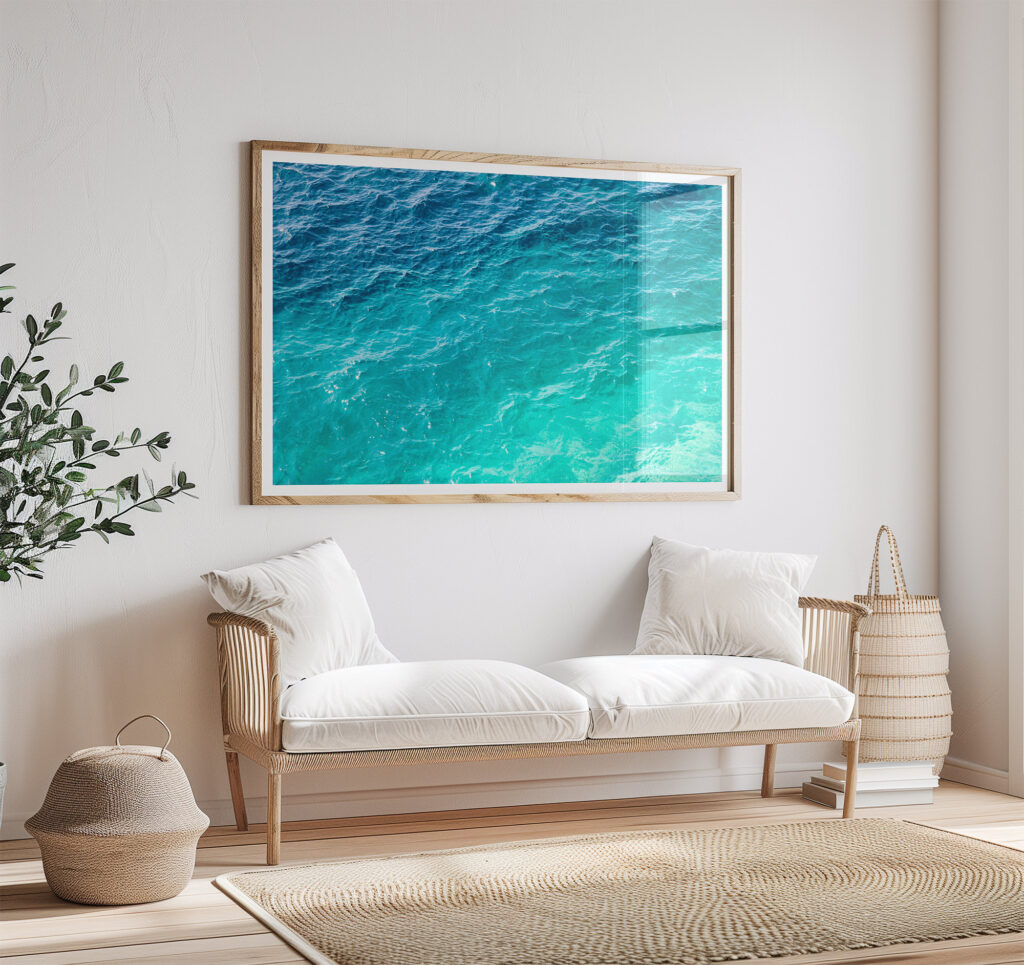 Mediterranean Shades of Teal No 1 - Fine art print by Cattie Coyle Photography above couch. © 2019, all rights reserved.