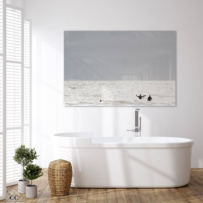 Surfing No 1 - Acrylic glass print by Cattie Coyle Photography in bathroom. © 2017, all rights reserved.