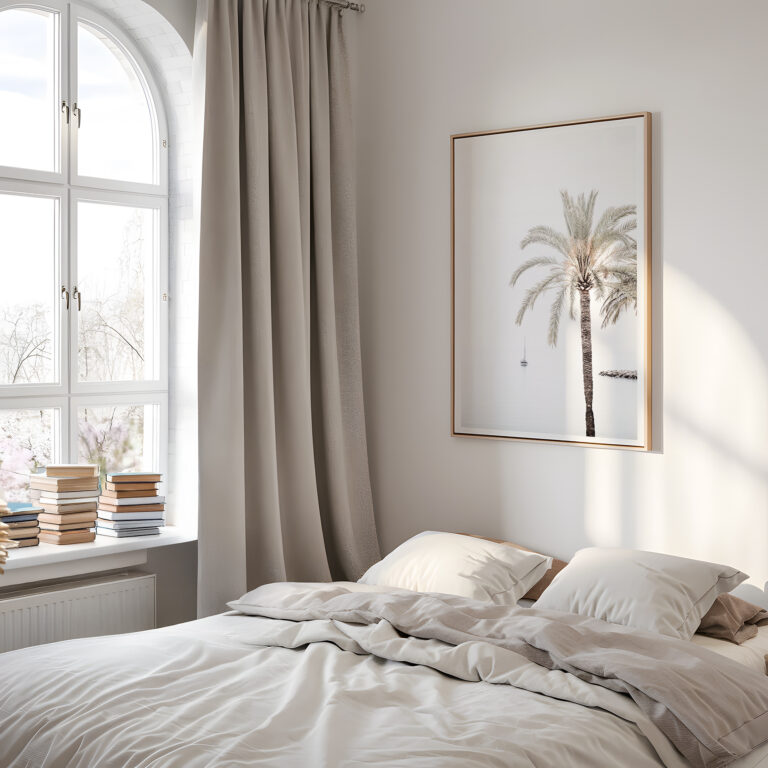 Palm Tree No 7 - Fine art print by Cattie Coyle Photography in bedroom. © 2019, all rights reserved.