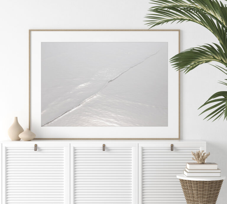 Silver Waves No 7 - Fine art print by Cattie Coyle Photography above dresser. © 2020, all rights reserved.