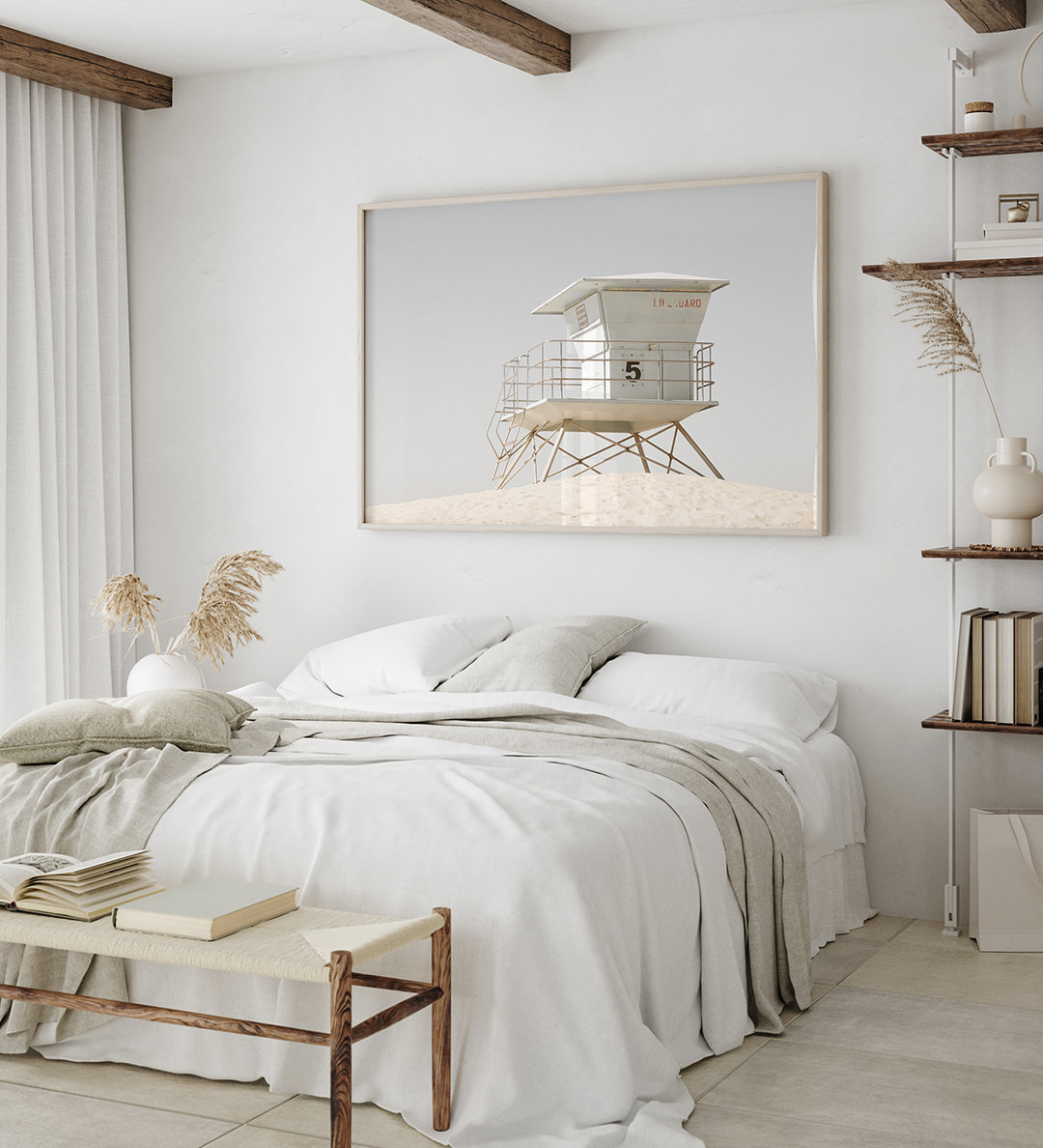 Lifeguard tower art prints: California Dreaming No 2 by Cattie Coyle Photography in bedroom