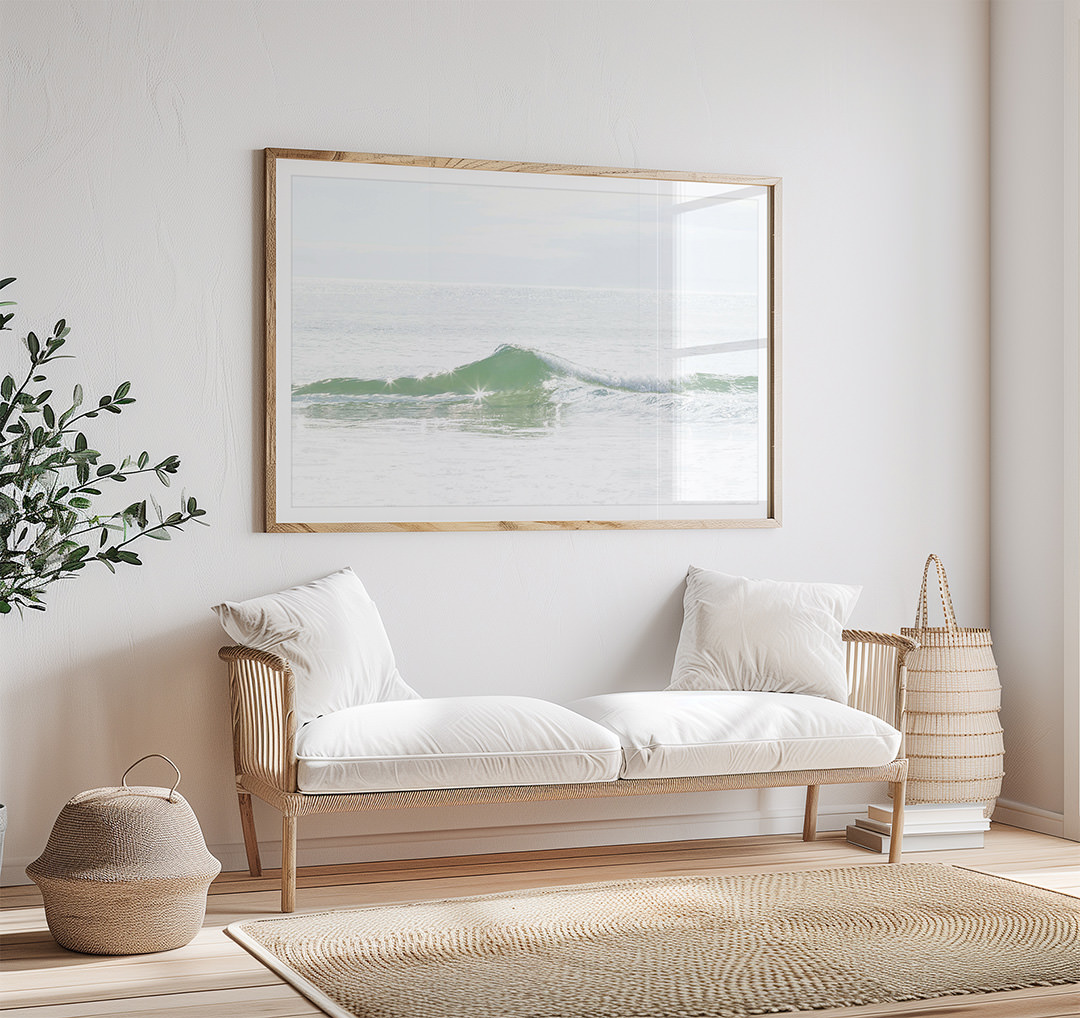 Green Ocean Waves No 2 - Fine art print by Cattie Coyle Photography above couch. © 2017, all rights reserved.