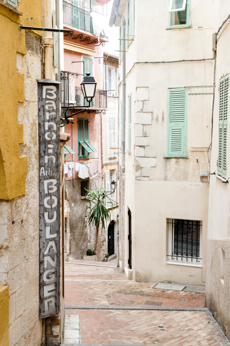 Street in Old Town, Villefranche-sur-Mer, France, by Cattie Coyle Photography. © 2019, all rights reserved.