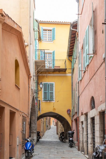 Street in Old Town, Villefranche-sur-Mer, France, by Cattie Coyle Photography. © 2019, all rights reserved.