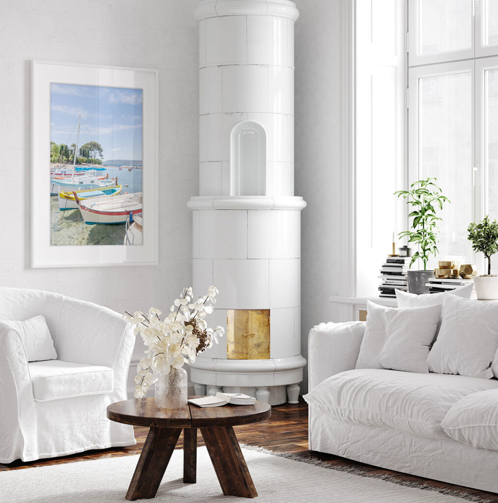 Framed art prints: Port de l'Olivette by by Cattie Coyle Photography in living room. © 2019, all rights reserved.