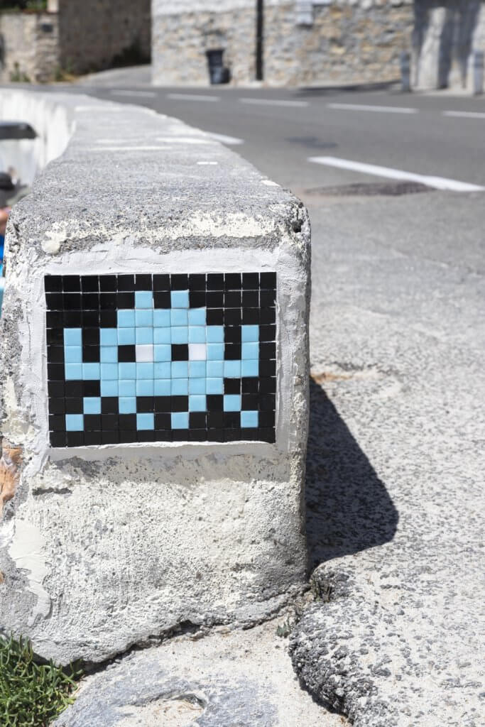 Space Invader art installation by street artist Franck Slama, Plages des Ondes, Cap d'Antibes, France by Cattie Coyle Photography. © 2019, all rights reserved.