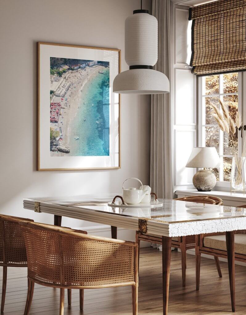 Framed art prints: Plage Mala by Cattie Coyle Photography in dining room. © 2019, all rights reserved.